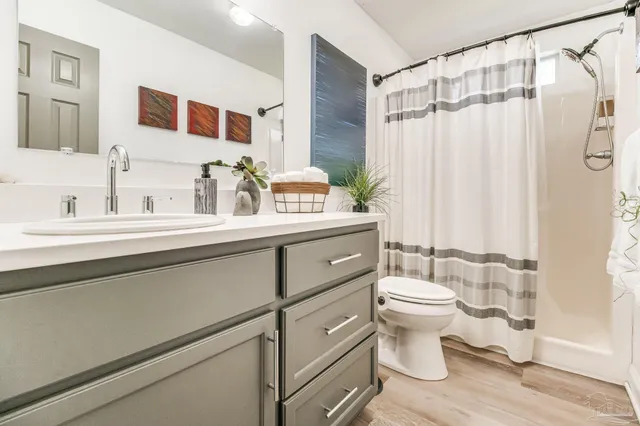 a bathroom with a sink a toilet and shower curtain