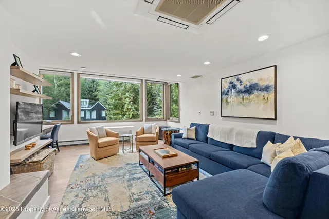 a living room with furniture large window and a table