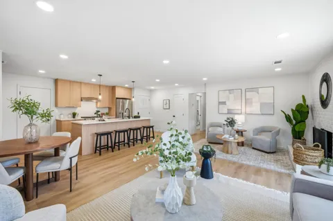 a kitchen with a potted plant on the counter and chair