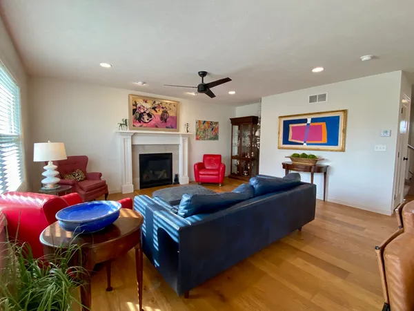 a living room with furniture or chandelier and a fireplace