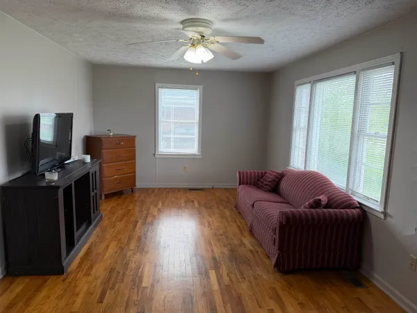 a living room with furniture and a ceiling fan