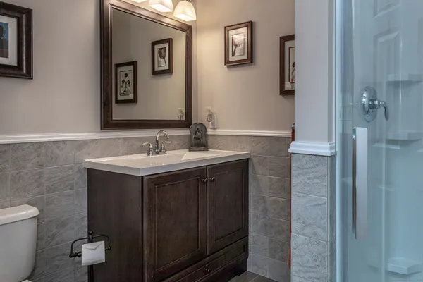 a bathroom with a sink vanity toilet and a mirror