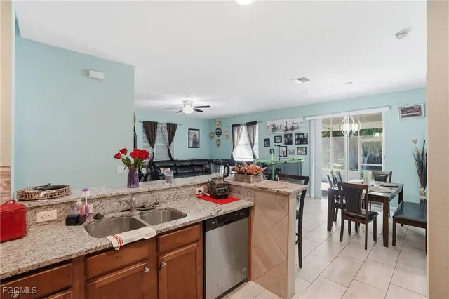 a view of a dining room kitchen and a sink