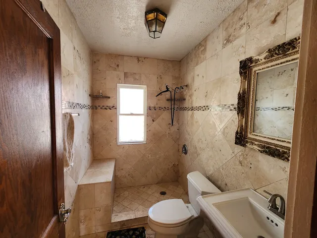 a bathroom with a sink toilet and shower