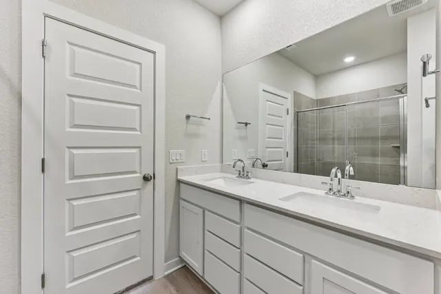 a bathroom with a sink and a large mirror