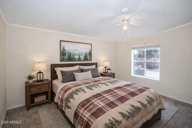 a bedroom with a large bed and a window