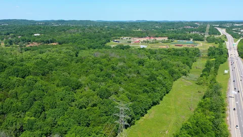 a view of a city with lush green forest