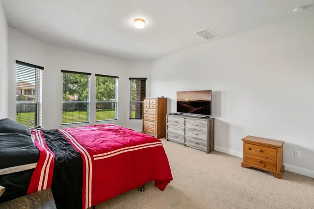 a bedroom with a bed and flat screen tv