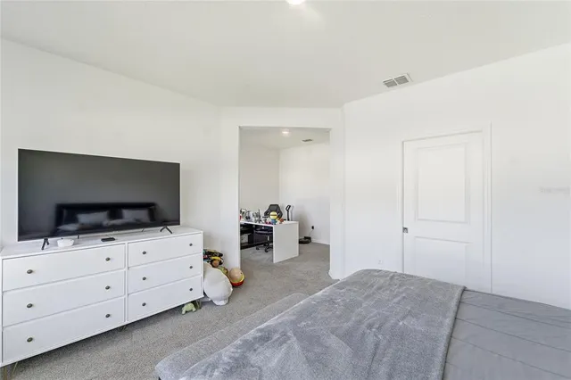 a bedroom with a bed and flat screen tv