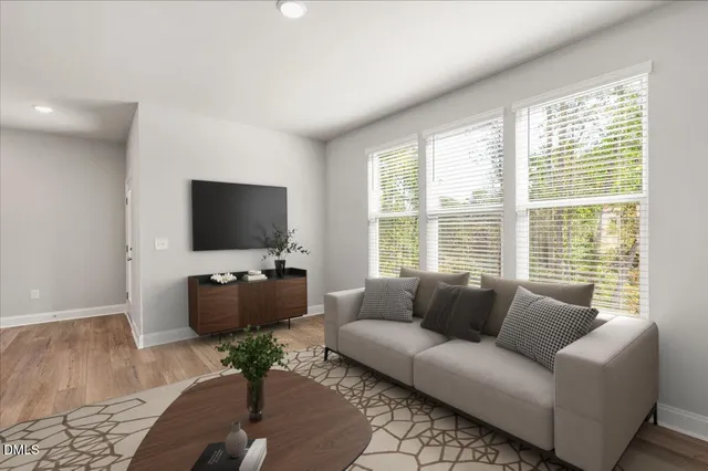 a living room with furniture and a potted plant