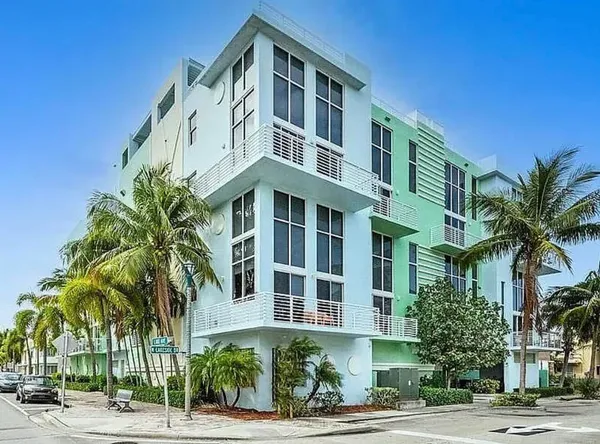 a front view of a multi story building