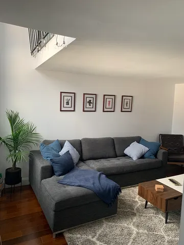 a living room with furniture and potted plant