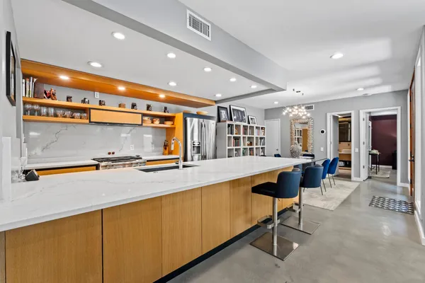 a kitchen with counter top space