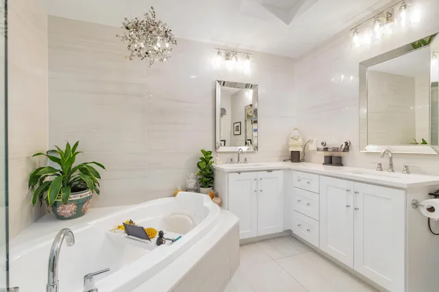 a bath room with a sink a potted plant and a mirror