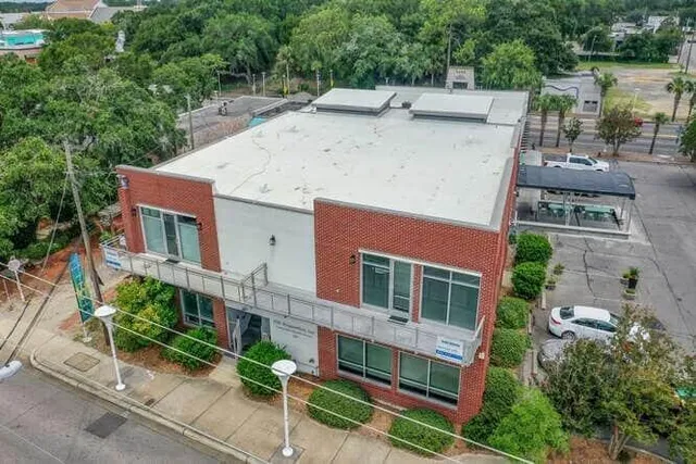 aerial view of a house with a yard and potted plants