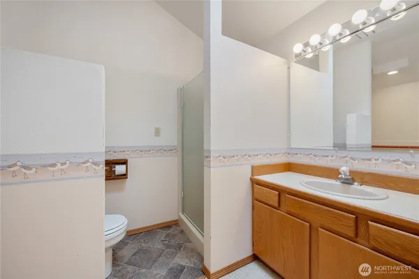 a bathroom with a sink a toilet a mirror and shower