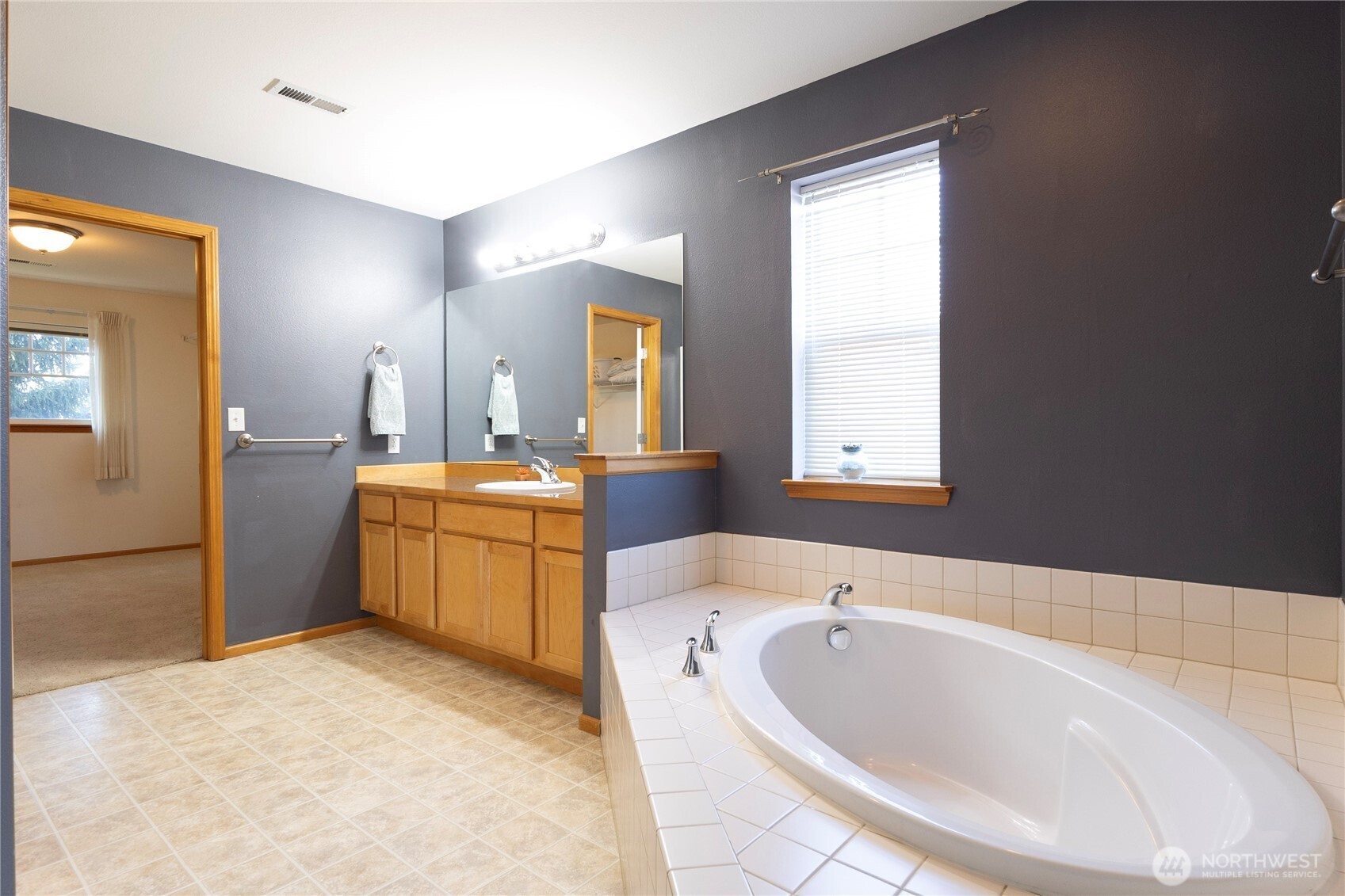 1877 Emerald Way Lynden, WA 98264 - Photo 20 of 33 a bathroom with a bathtub a mirror a sinks a toilet a mirror and vanity