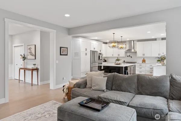 a living room with furniture and kitchen view