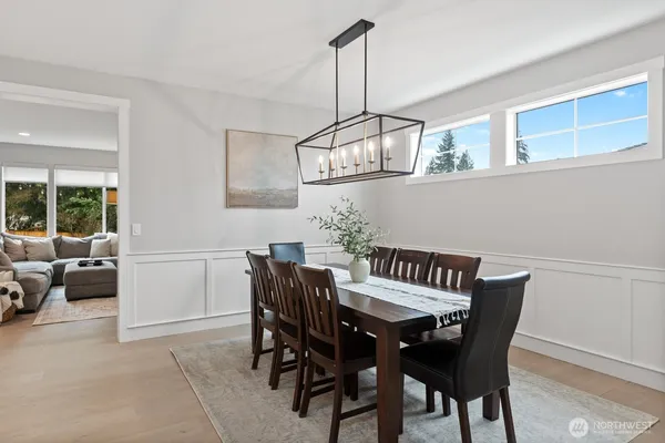 a view of a dining room with furniture window and wooden floor