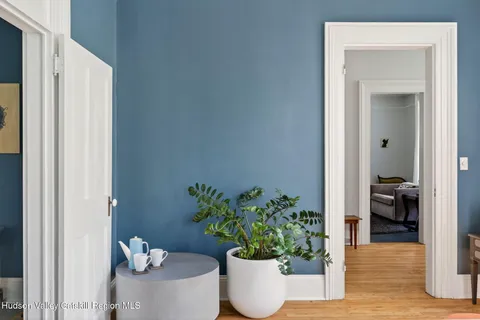 a living room with furniture and a potted plant
