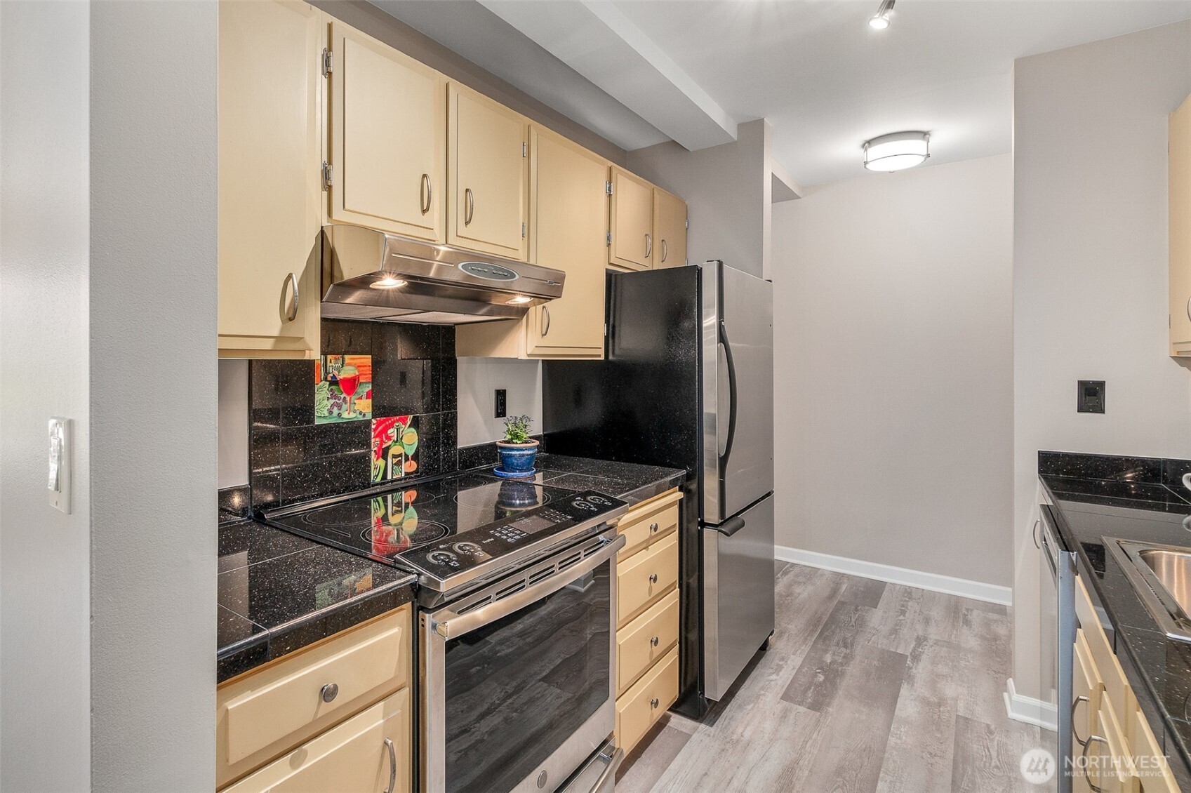 75 East Lynn Street, Unit B Seattle, WA 98102 - Photo 10 of 36 a kitchen with stainless steel appliances granite countertop a stove refrigerator and a microwave oven with cabinets