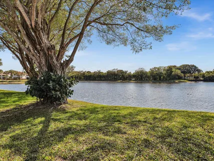 a view of a lake with houses in the back