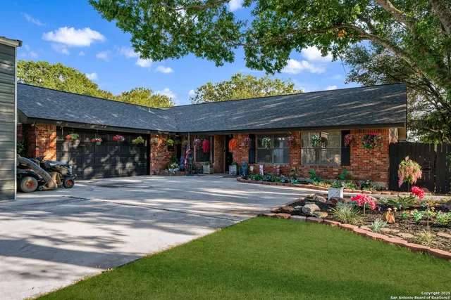 a view of a backyard that has plants and a tree with wooden fence