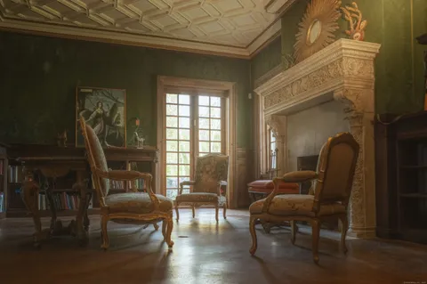 a view of a dining room with furniture and a window