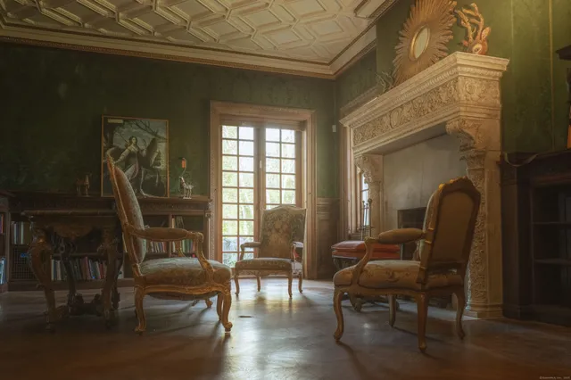 a view of a dining room with furniture and a window