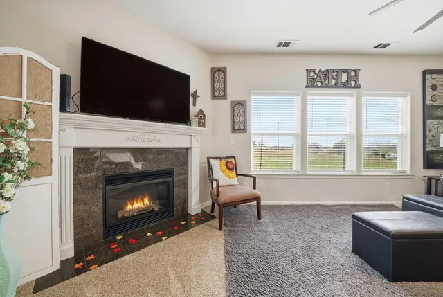 a living room with furniture a flat screen tv and a fireplace