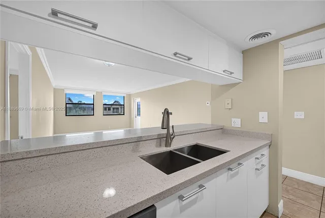 a kitchen with a sink a counter top space and cabinets