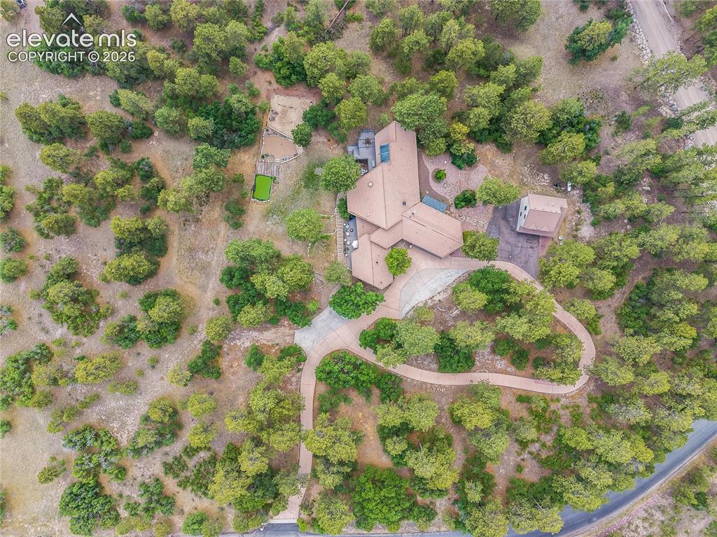12730 Bridle Bit Road Colorado Springs, CO 80908 - Photo 48 of 50 Expansive property featuring a multi-wing residence with a tan roof, a long winding driveway, a separate outbuilding, a green turf area, and extensive natural tree coverage
