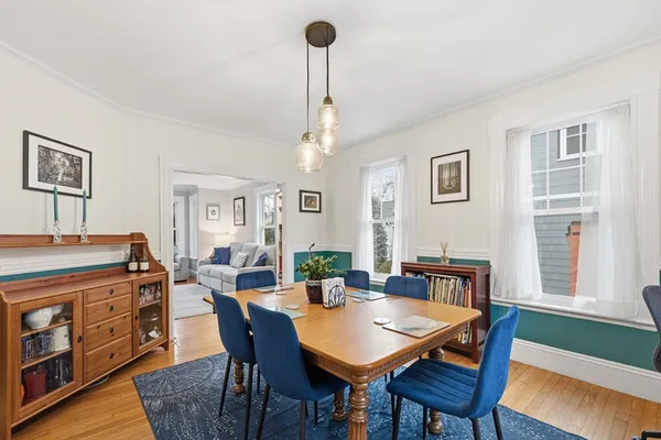 a view of a dining room with furniture window and wooden floor