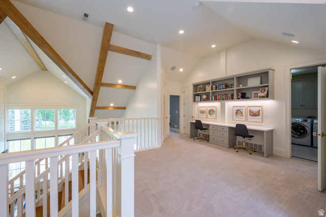 630 East Center Street Alpine, UT 84004 - Photo 50 of 115 Loft area featuring vaulted ceilings with exposed wood beams, a built-in double desk with shelving and task lighting, recessed lighting, and carpeted flooring