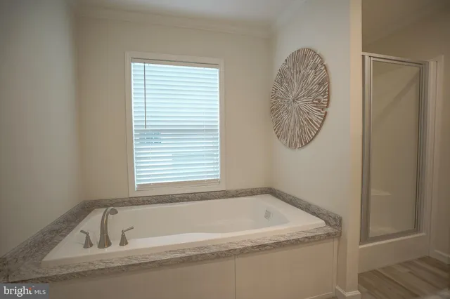 a bathroom with a bathtub and a window