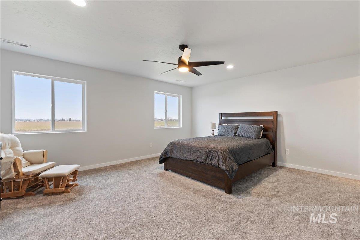 4086 North Kithnos Avenue Meridian, ID 83646 - Photo 12 of 29 Bedroom with light colored carpet, a ceiling fan, and recessed lighting