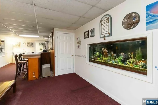 a living room with furniture and a book shelf