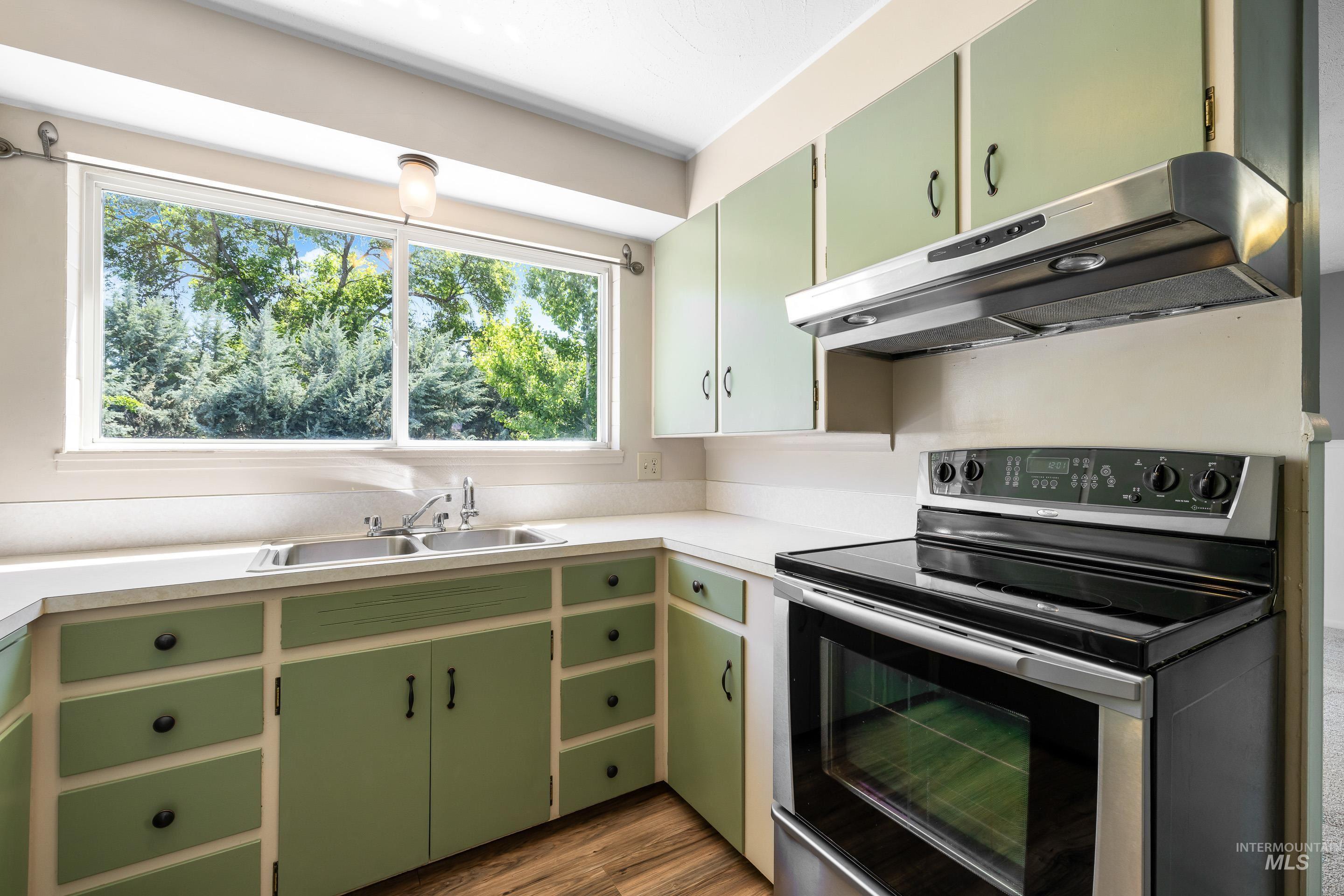 708 South Phillippi Street Boise, ID 83705 - Photo 10 of 25 Kitchen featuring a double basin stainless steel sink, large window, white countertops, green cabinetry, and wood-finish flooring