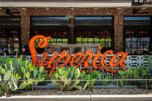 a view of a building with wooden floor and a palm tree