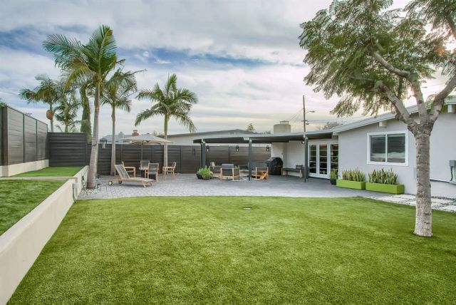 a view of a house with swimming pool patio and a yard