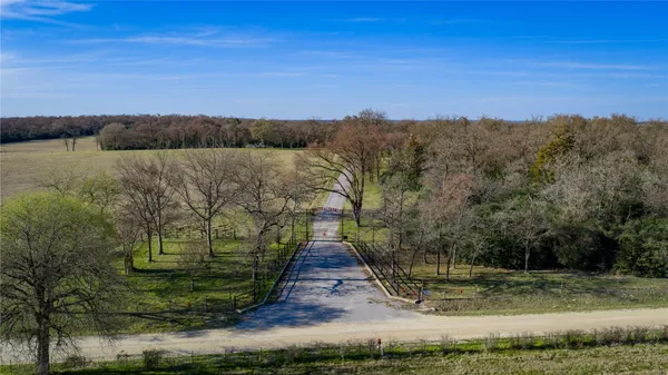 a view of a swimming pool and trees in the background