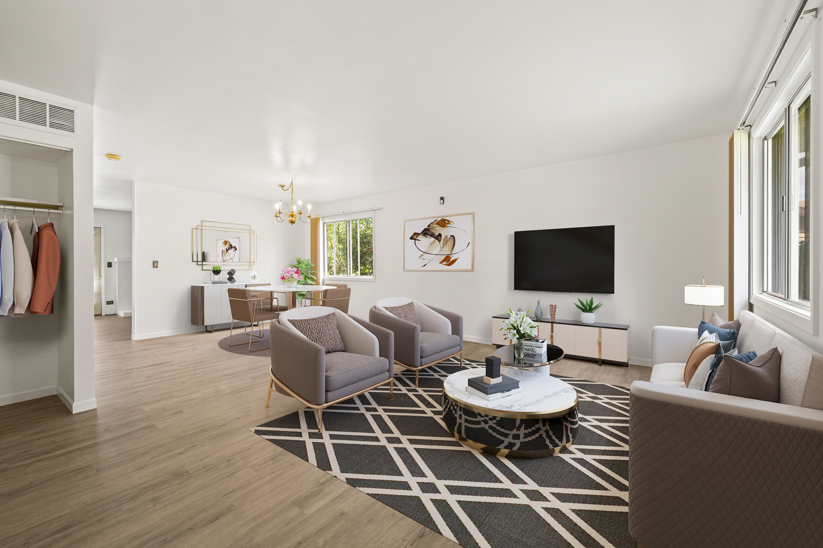 142 Cloverleaf Road Matteson, IL 60443 - Photo 2 of 22 a living room with furniture a flat screen tv and a dining table with wooden floor