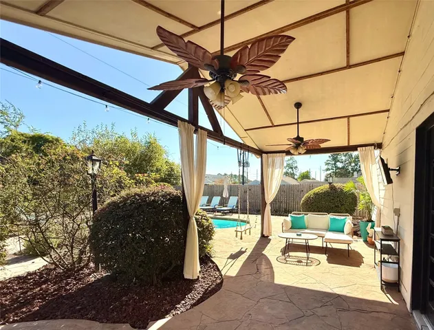 a view of a porch with a patio