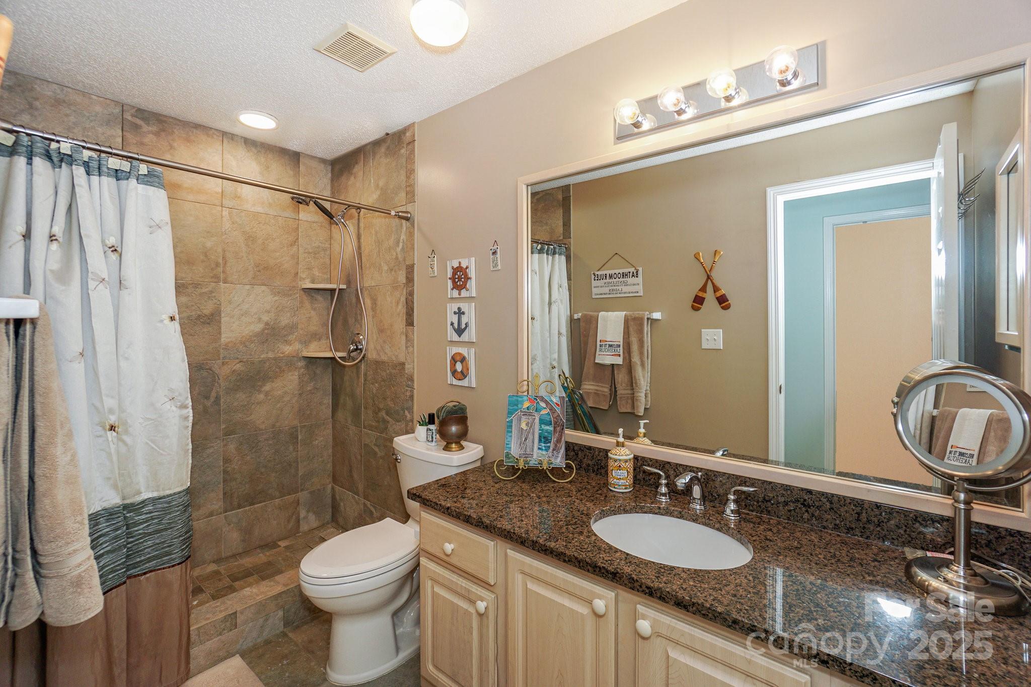 1238 Torrence Circle Davidson, NC 28036 - Photo 21 of 43 a bathroom with a granite countertop sink a toilet a mirror and shower