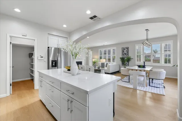 a living room with furniture and a potted plant