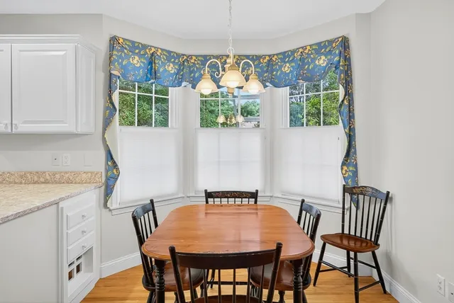 a view of a dining room with furniture and window
