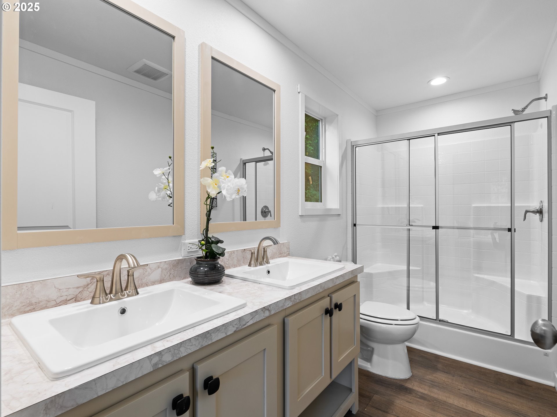 54839 Southwest South Road Gaston, OR 97119 - Photo 11 of 15 a bathroom with a double vanity sink toilet and shower