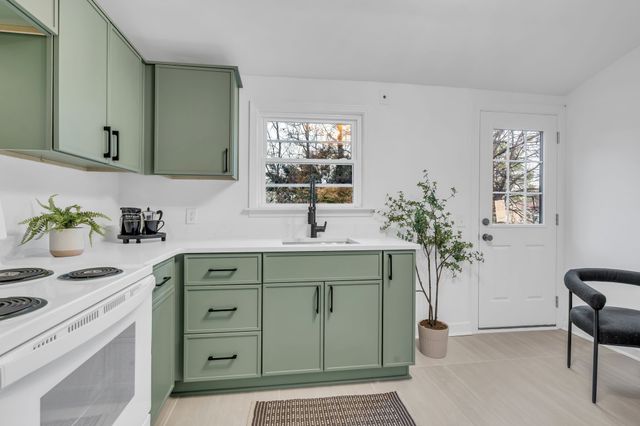 a bathroom with a sink a mirror and a potted plant