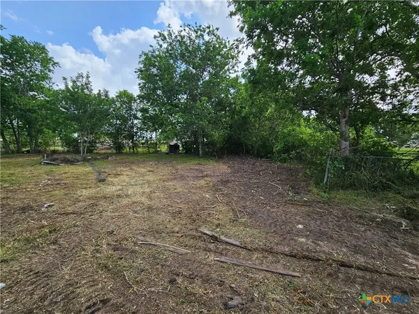 a view of a field with trees in the background