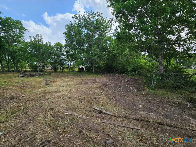 a view of a field with trees in the background